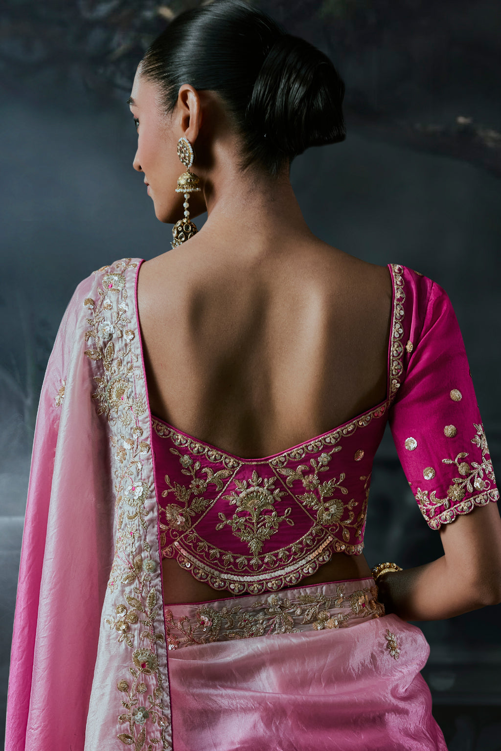 Two-Tone Pink Organza Designer Saree with Intricate Embroidered Trims