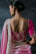 Two-Tone Pink Organza Designer Saree with Intricate Embroidered Trims