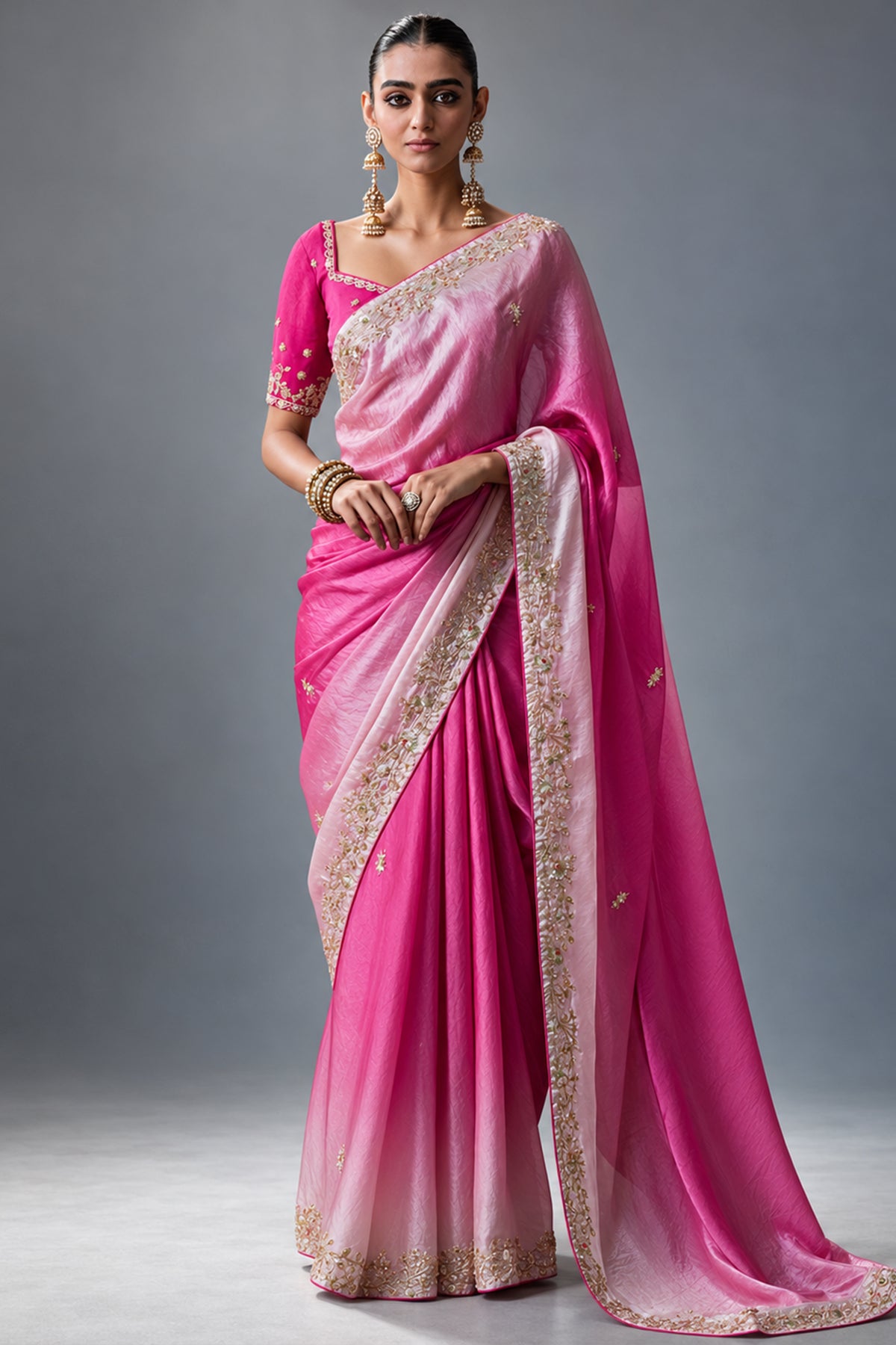 Two-Tone Pink Organza Designer Saree with Intricate Embroidered Trims