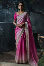 Two-Tone Pink Organza Designer Saree with Intricate Embroidered Trims
