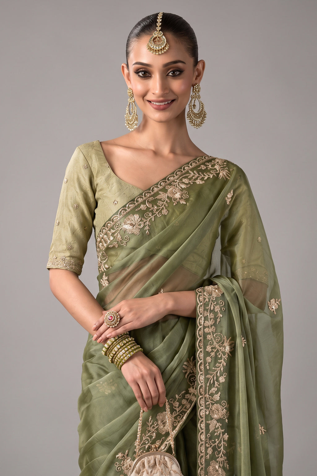 Deep Moss Olive Green Tissue Organza Saree with Fine Zari Embroidery