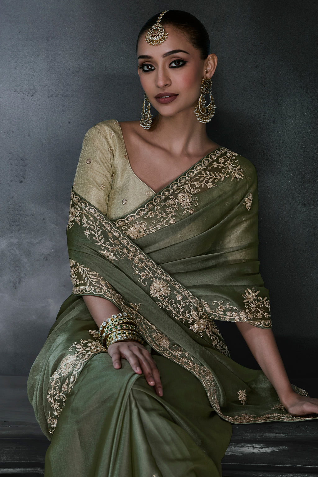 Deep Moss Olive Green Tissue Organza Saree with Fine Zari Embroidery