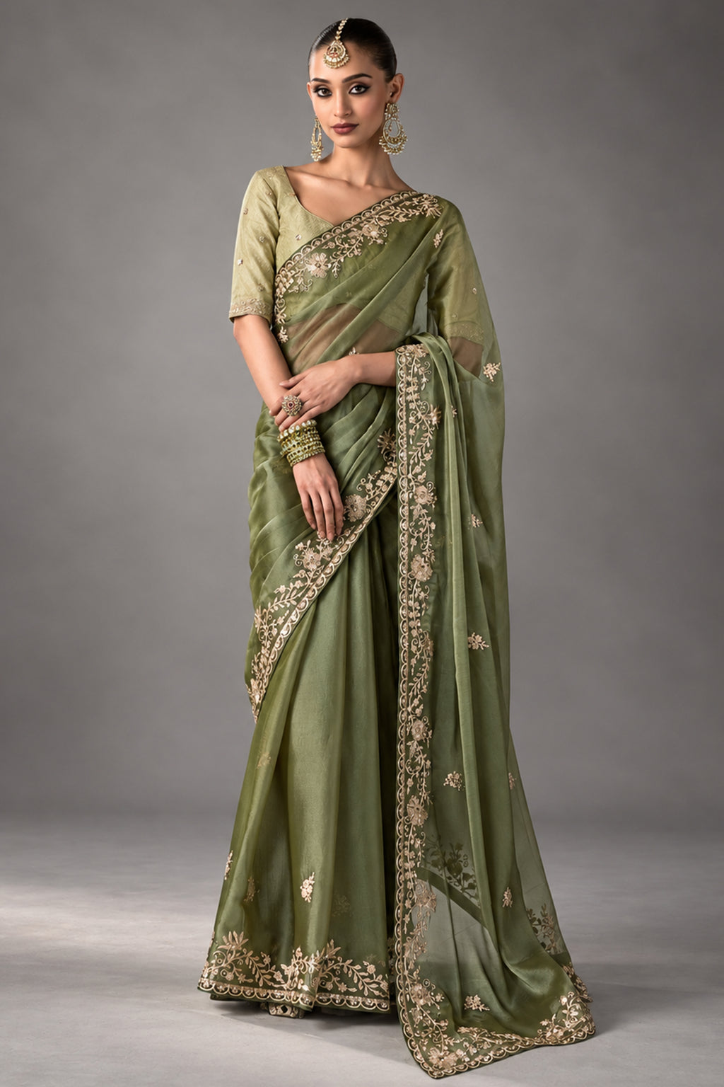 Deep Moss Olive Green Tissue Organza Saree with Fine Zari Embroidery