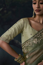 Deep Moss Olive Green Tissue Organza Saree with Fine Zari Embroidery
