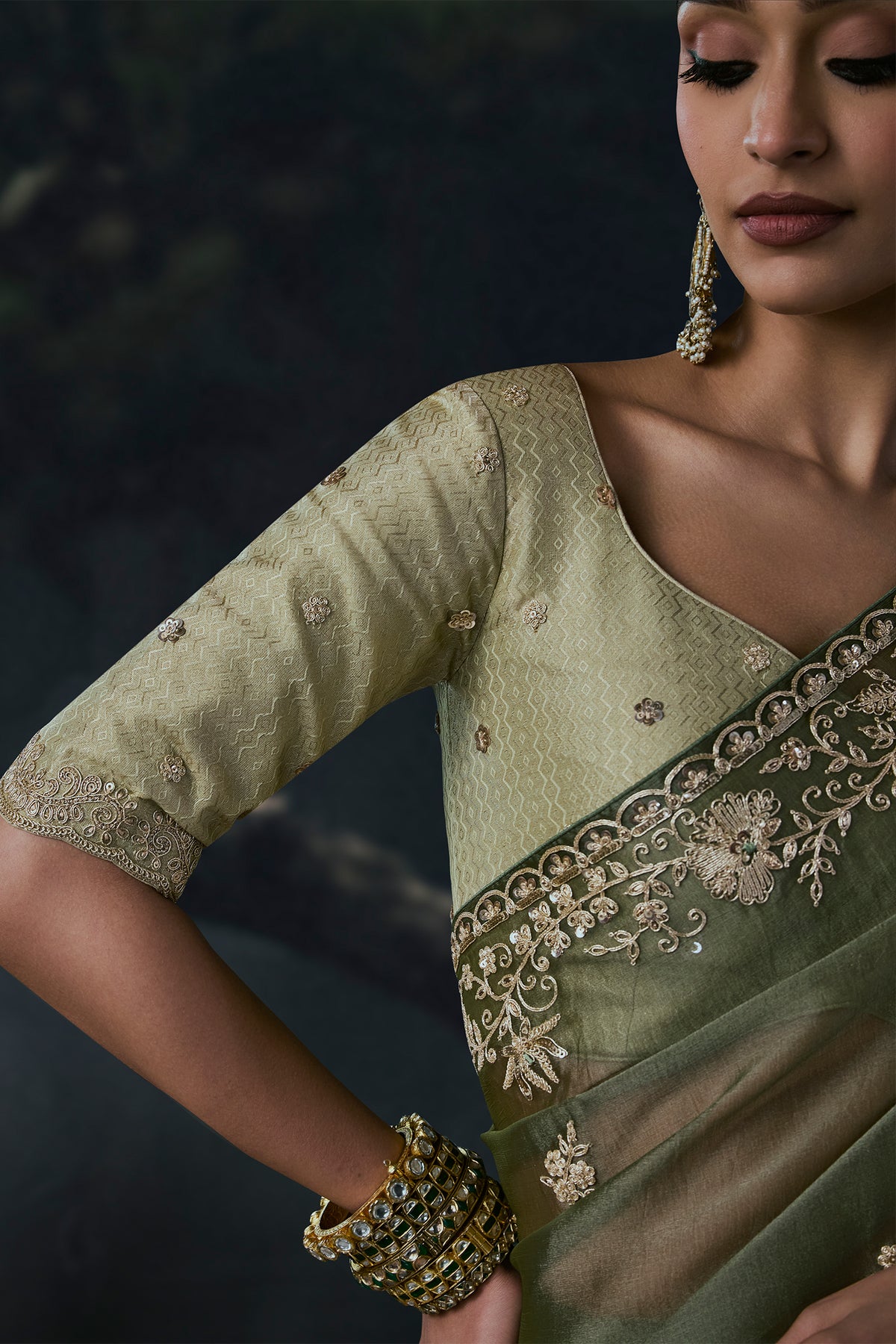 Deep Moss Olive Green Tissue Organza Saree with Fine Zari Embroidery