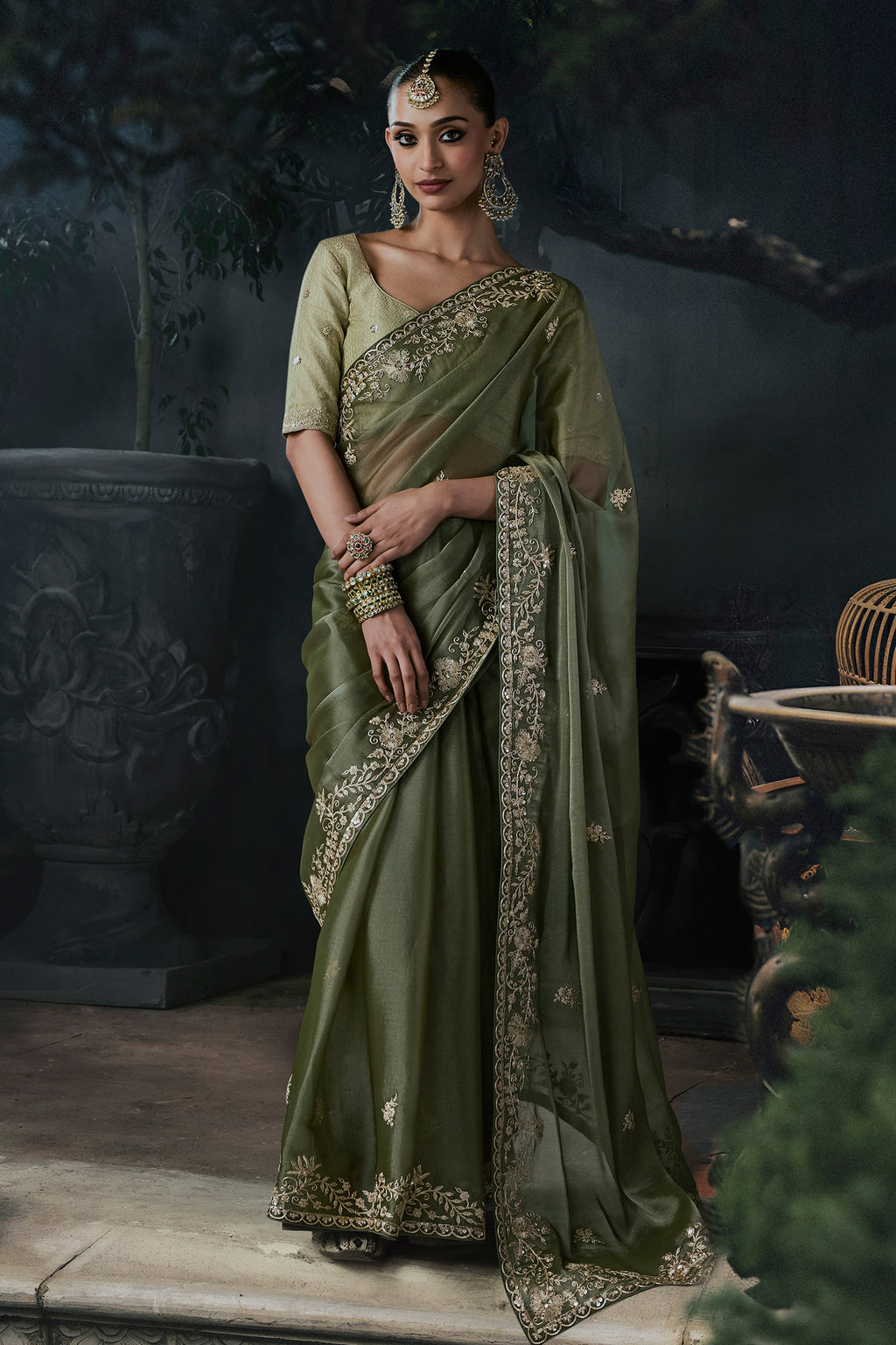 Deep Moss Olive Green Tissue Organza Saree with Fine Zari Embroidery