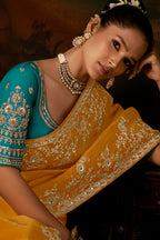 Honey Mustard Viscose Zari Tissue Saree with Intricate Border