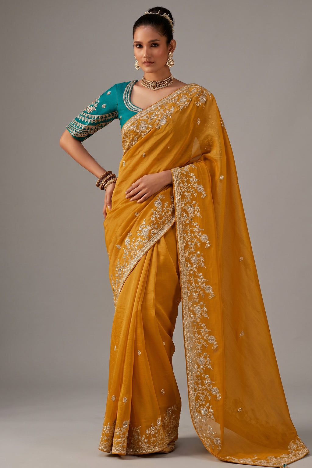 Honey Mustard Viscose Zari Tissue Saree with Intricate Border