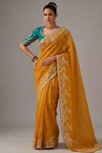 Honey Mustard Viscose Zari Tissue Saree with Intricate Border