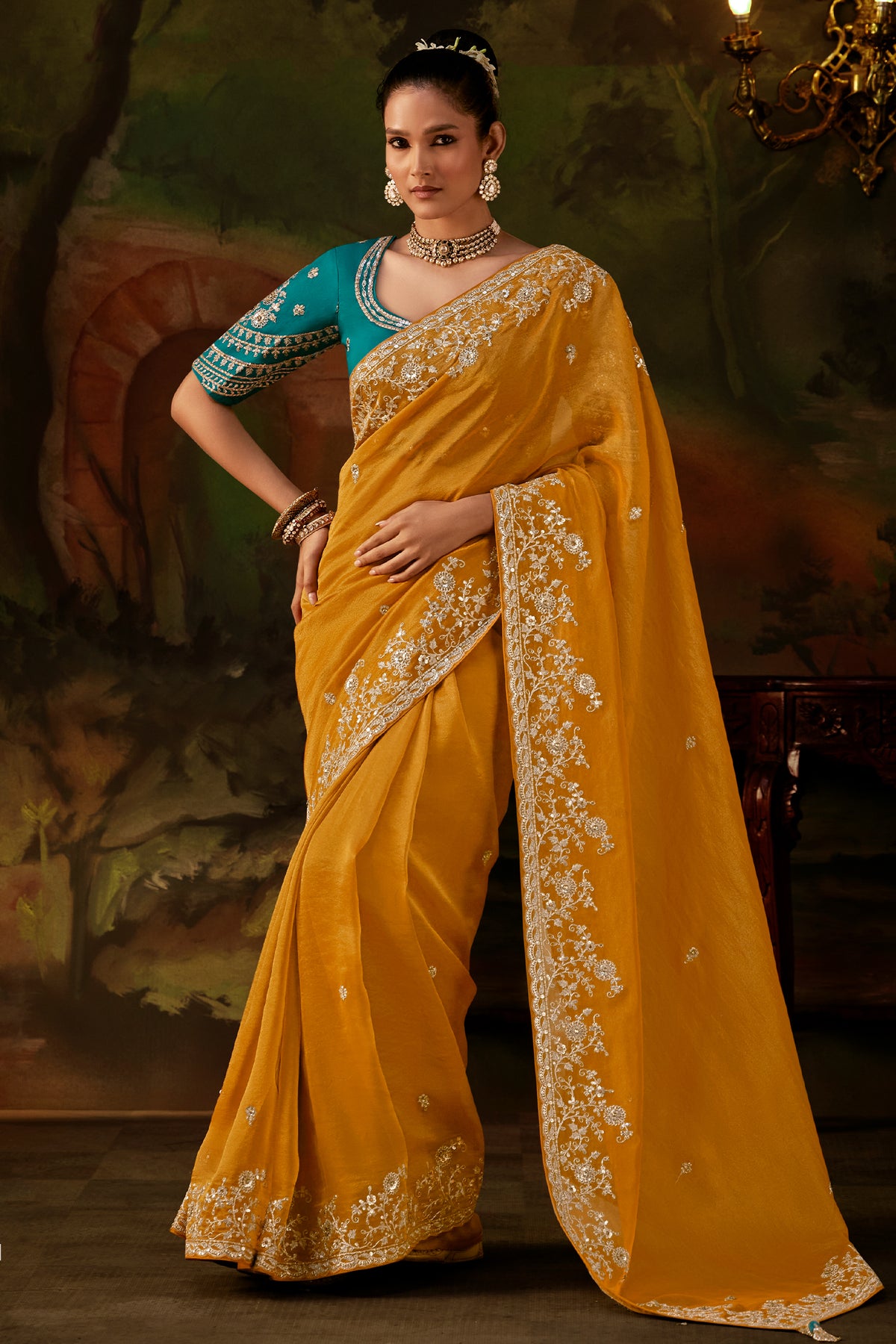 Honey Mustard Viscose Zari Tissue Saree with Intricate Border