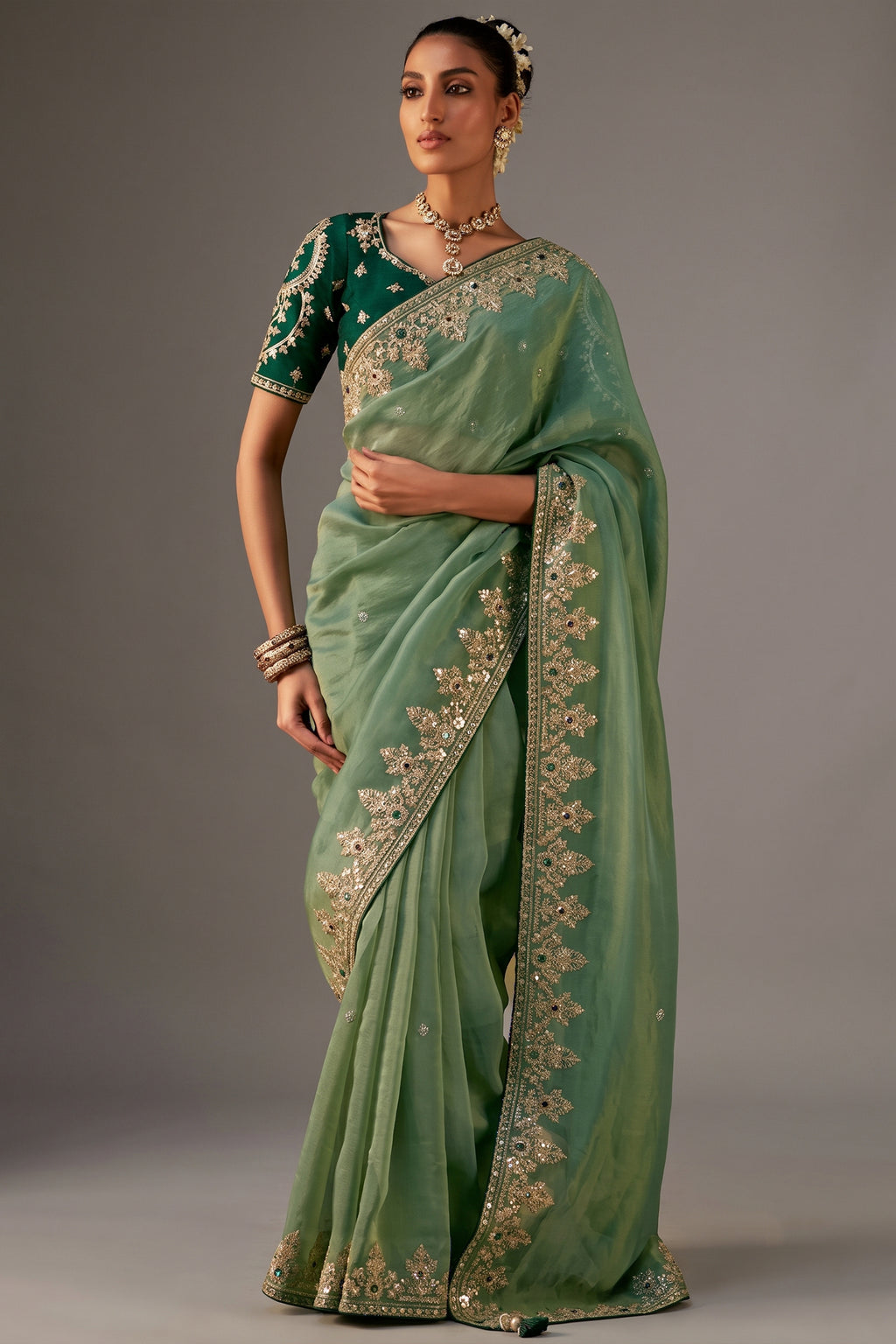 Sage Green Viscose Zari Tissue Saree with Heavy Zari Border