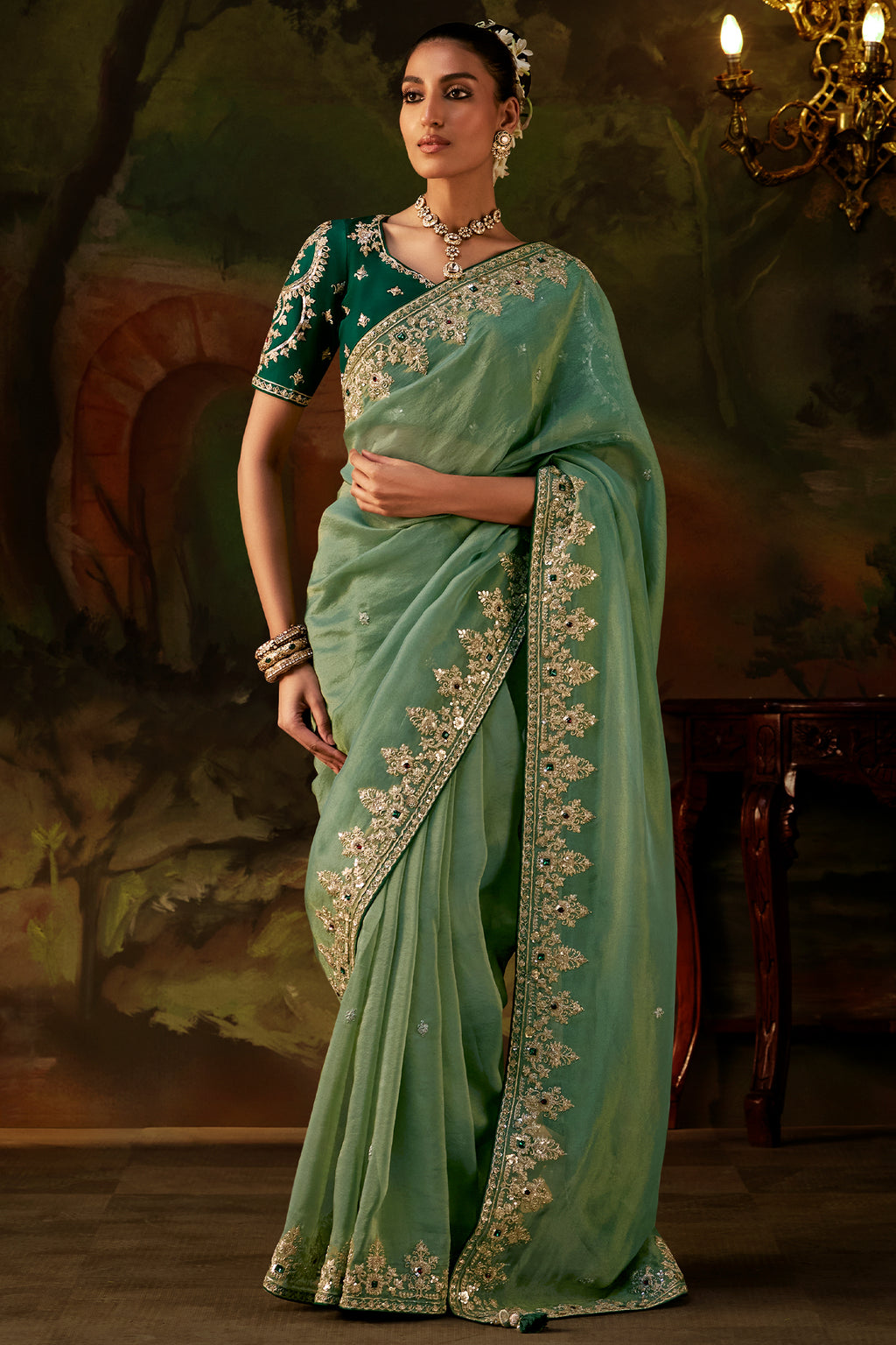 Sage Green Viscose Zari Tissue Saree with Heavy Zari Border