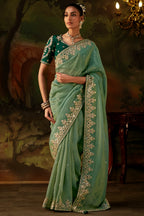 Sage Green Viscose Zari Tissue Saree with Heavy Zari Border