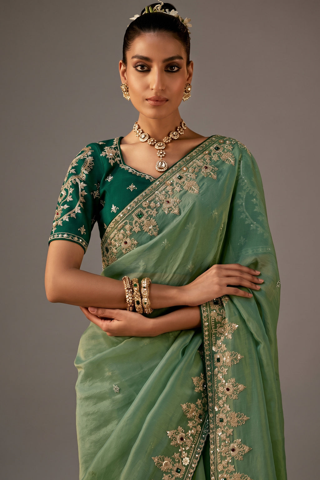 Sage Green Viscose Zari Tissue Saree with Heavy Zari Border
