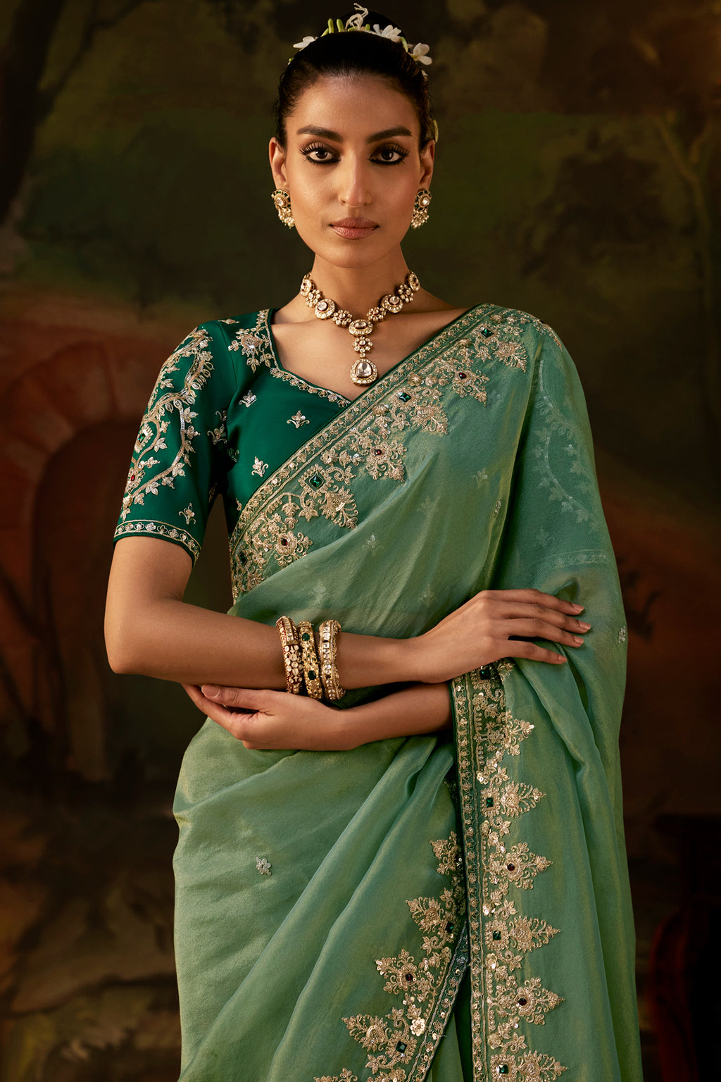 Sage Green Viscose Zari Tissue Saree with Heavy Zari Border