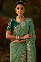 Sage Green Viscose Zari Tissue Saree with Heavy Zari Border