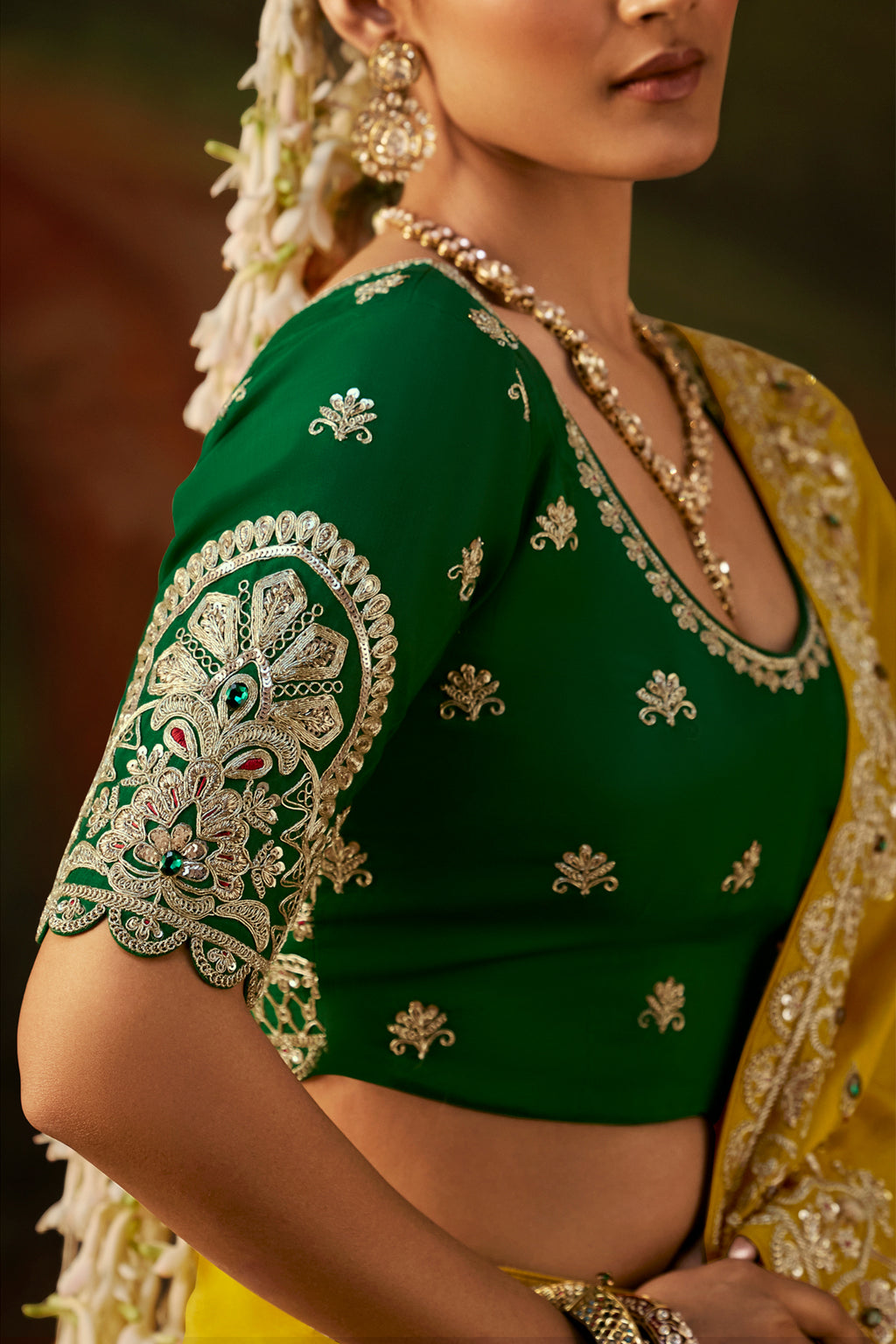 Ochre Olive Yellow Viscose Zari Tissue Saree with Rich Sequined Craftsmanship