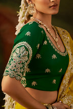 Ochre Olive Yellow Viscose Zari Tissue Saree with Rich Sequined Craftsmanship