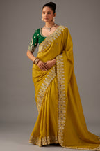 Ochre Olive Yellow Viscose Zari Tissue Saree with Rich Sequined Craftsmanship