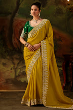 Ochre Olive Yellow Viscose Zari Tissue Saree with Rich Sequined Craftsmanship