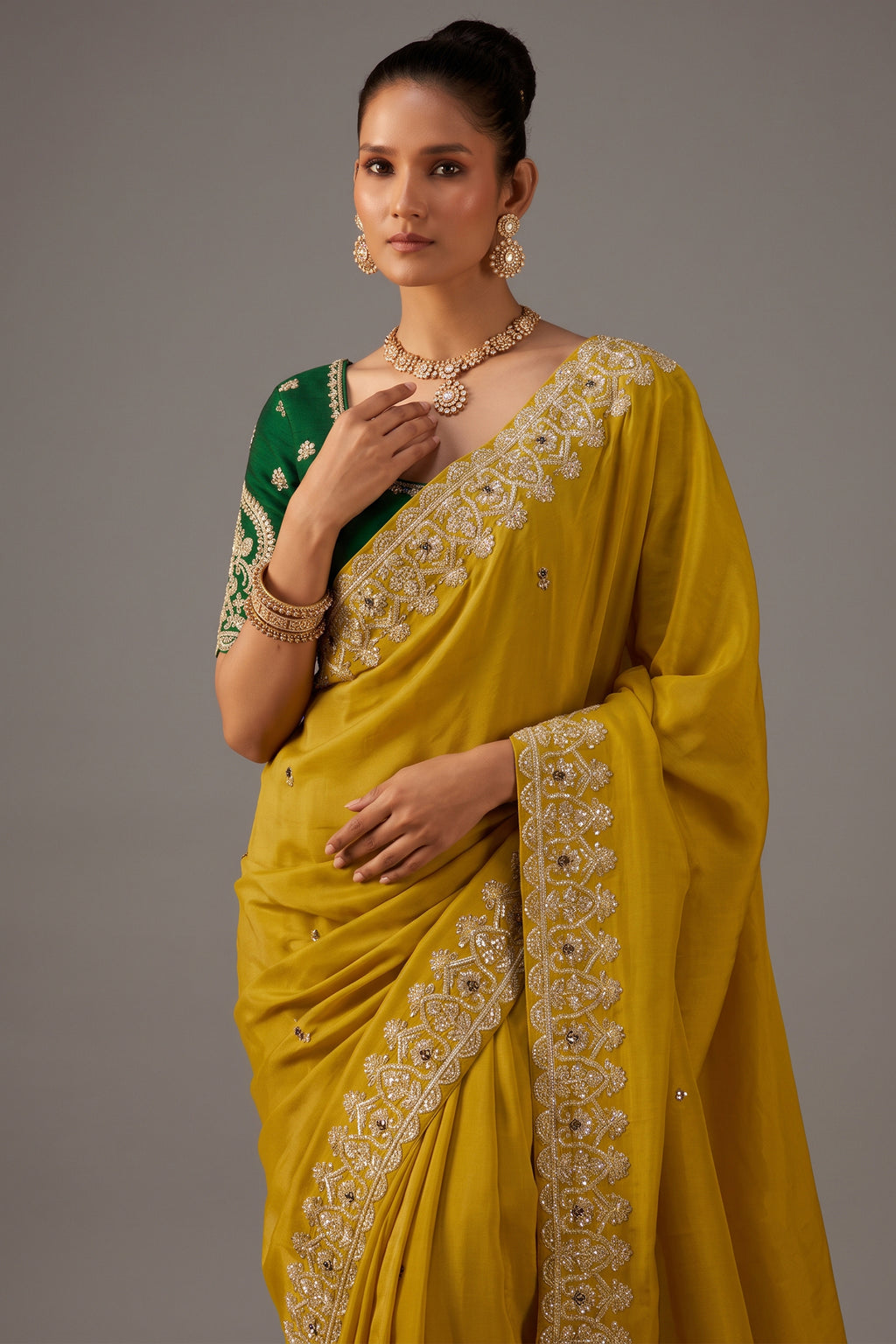 Ochre Olive Yellow Viscose Zari Tissue Saree with Rich Sequined Craftsmanship