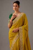 Ochre Olive Yellow Viscose Zari Tissue Saree with Rich Sequined Craftsmanship