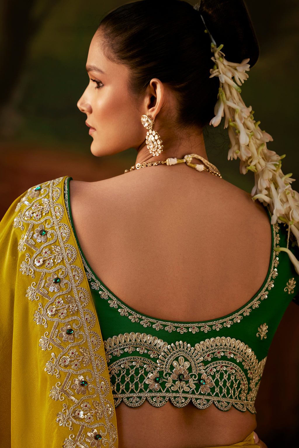 Ochre Olive Yellow Viscose Zari Tissue Saree with Rich Sequined Craftsmanship