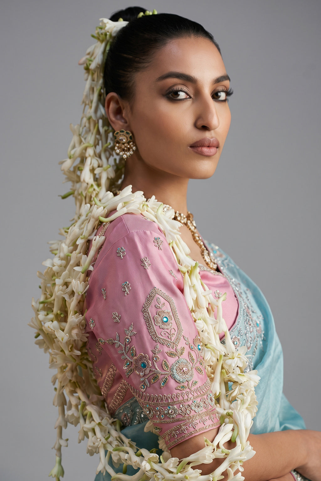 Powder Ice Blue Viscose Zari Tissue Saree with Intricate Metallic Border