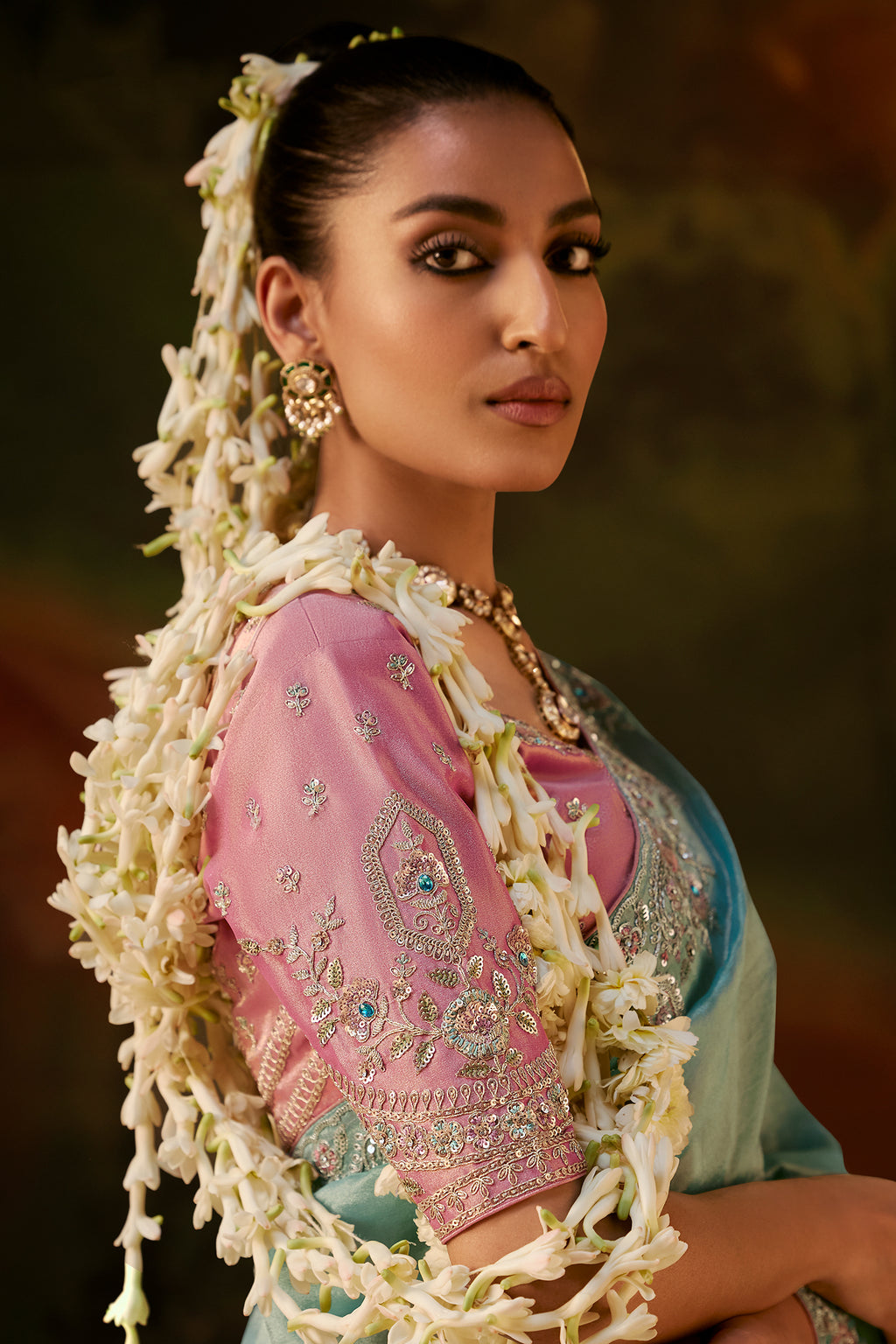 Powder Ice Blue Viscose Zari Tissue Saree with Intricate Metallic Border