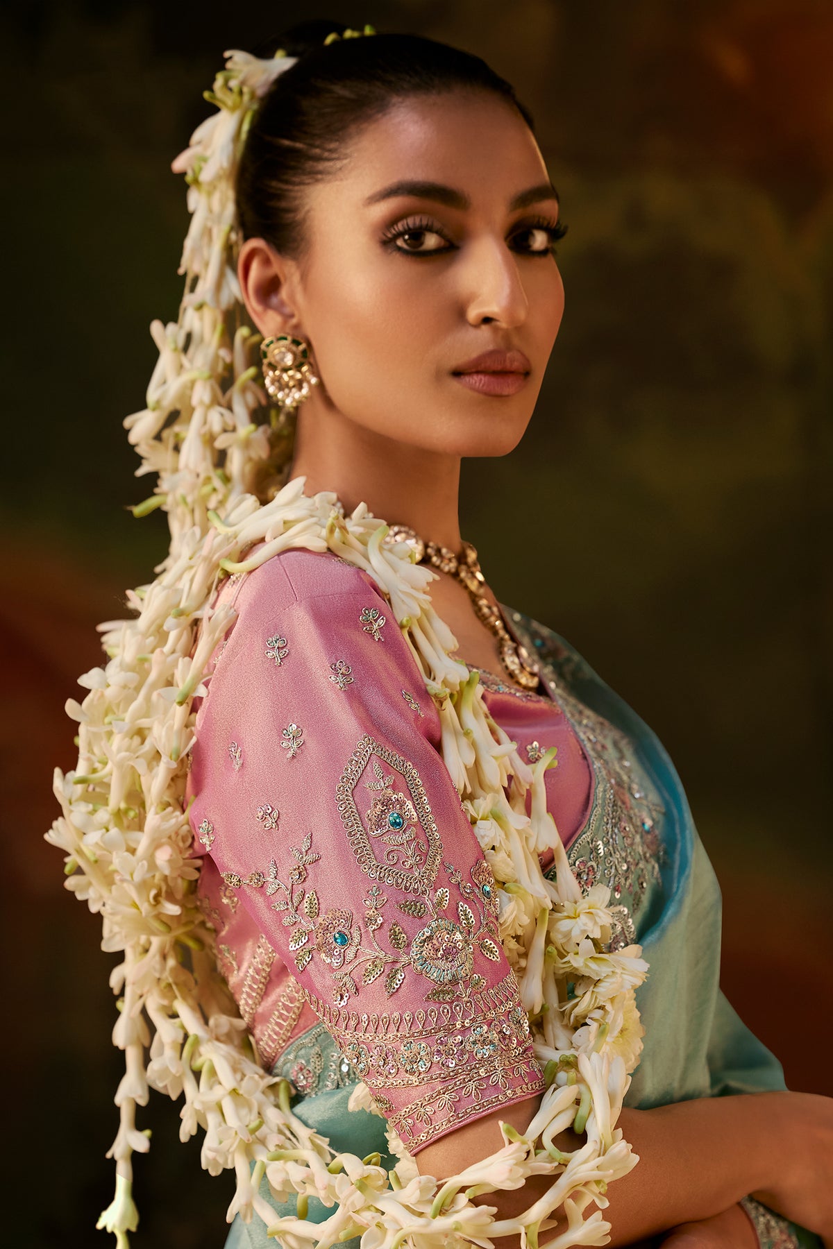 Powder Ice Blue Viscose Zari Tissue Saree with Intricate Metallic Border