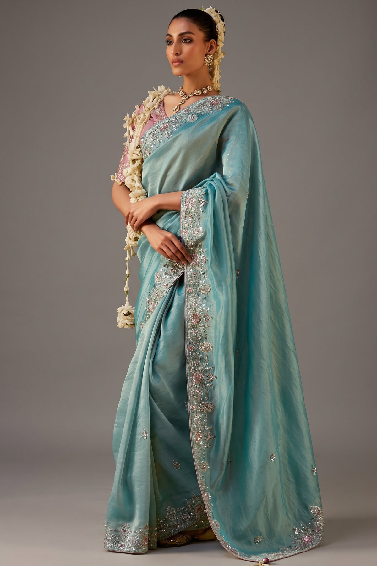 Powder Ice Blue Viscose Zari Tissue Saree with Intricate Metallic Border