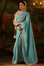 Powder Ice Blue Viscose Zari Tissue Saree with Intricate Metallic Border