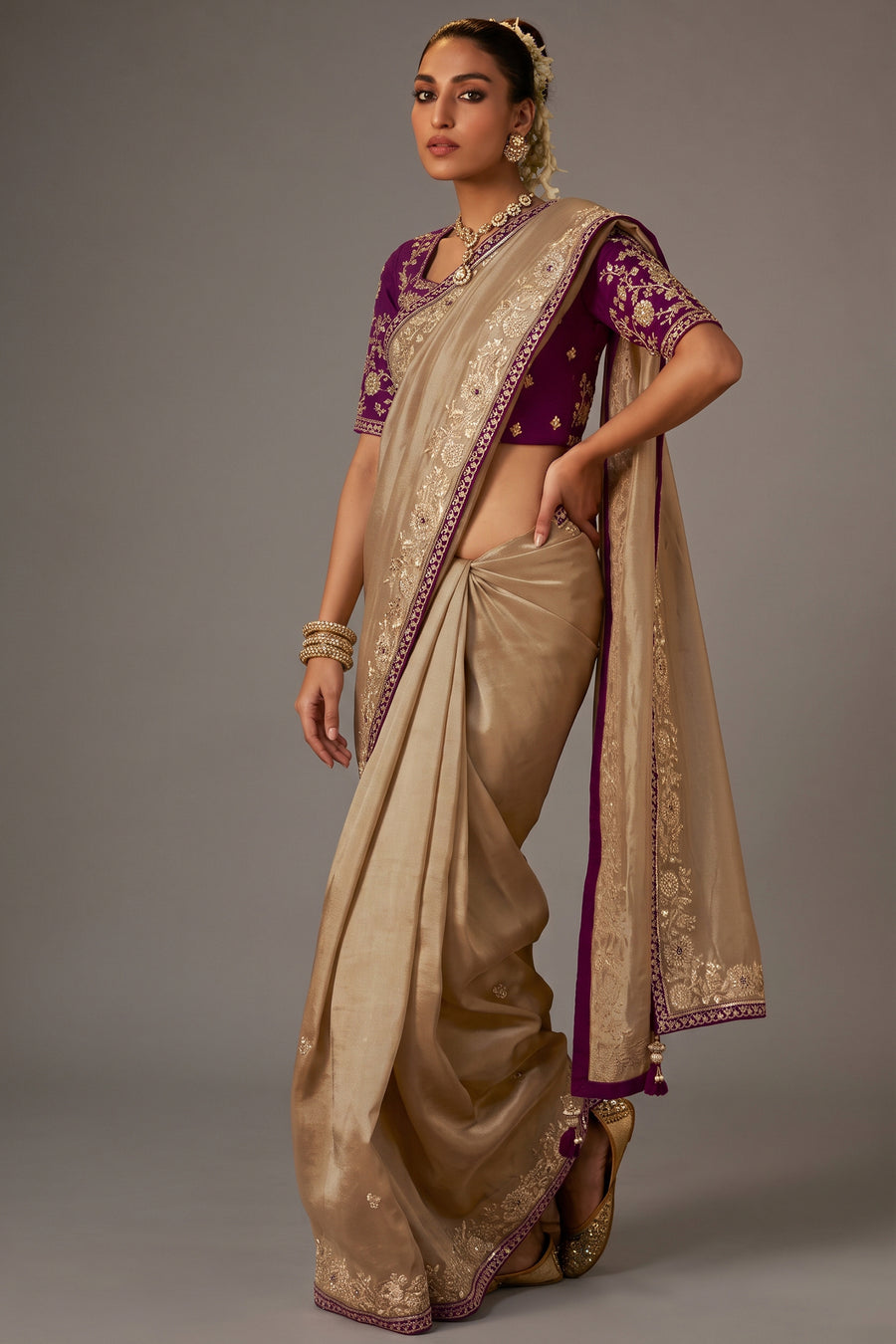 Beige Gold Tissue Silk Saree with Heavy Zari Sequin Border