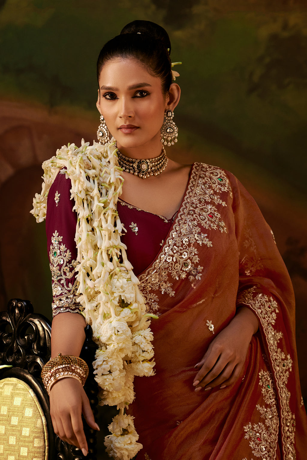 Deep Terracotta Tissue Silk Saree with Sequined Embroidery