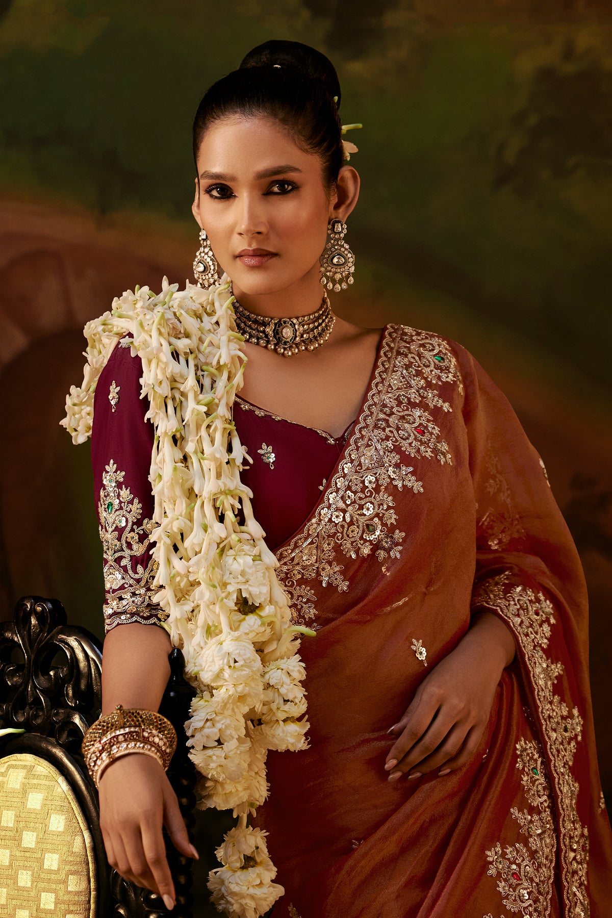 Deep Terracotta Tissue Silk Saree with Sequined Embroidery