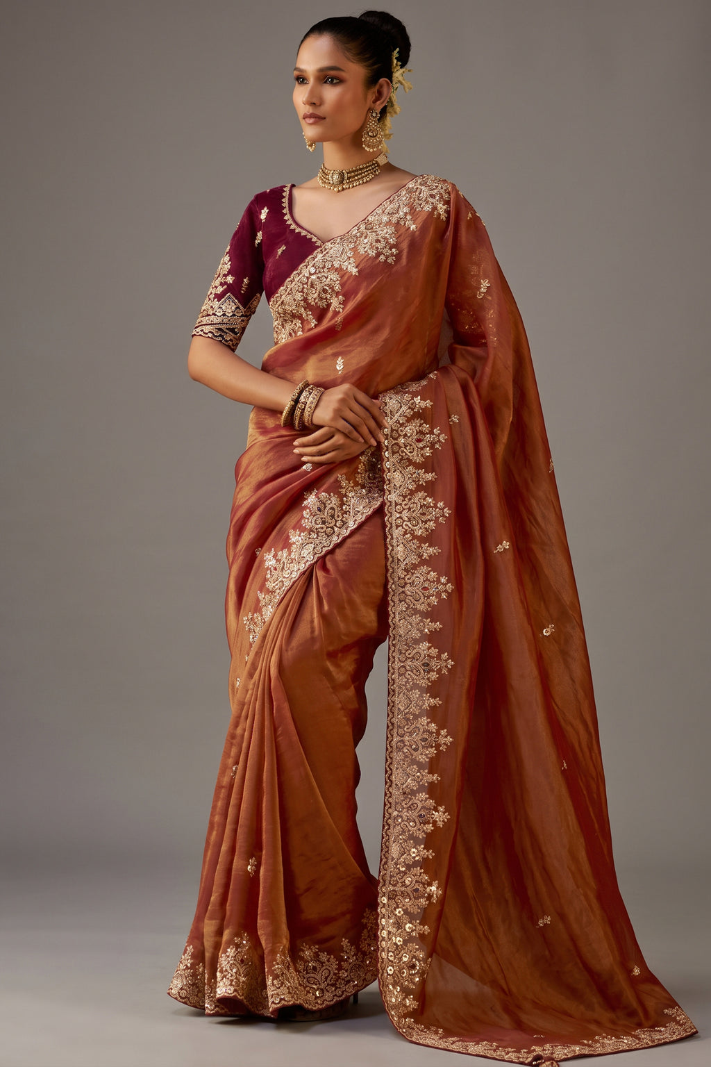 Deep Terracotta Tissue Silk Saree with Sequined Embroidery