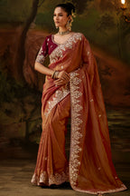 Deep Terracotta Tissue Silk Saree with Sequined Embroidery