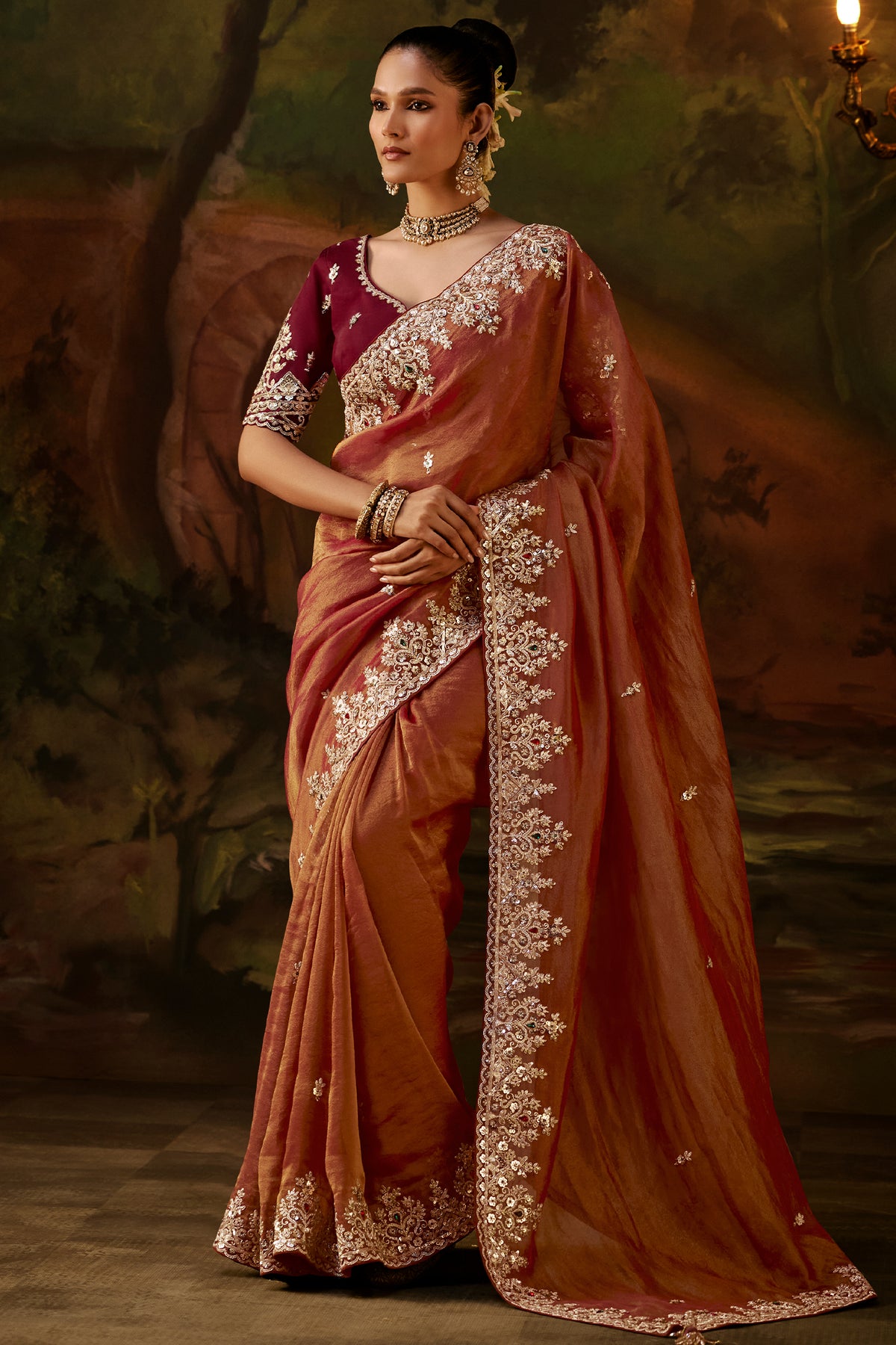 Deep Terracotta Tissue Silk Saree with Sequined Embroidery