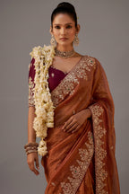 Deep Terracotta Tissue Silk Saree with Sequined Embroidery