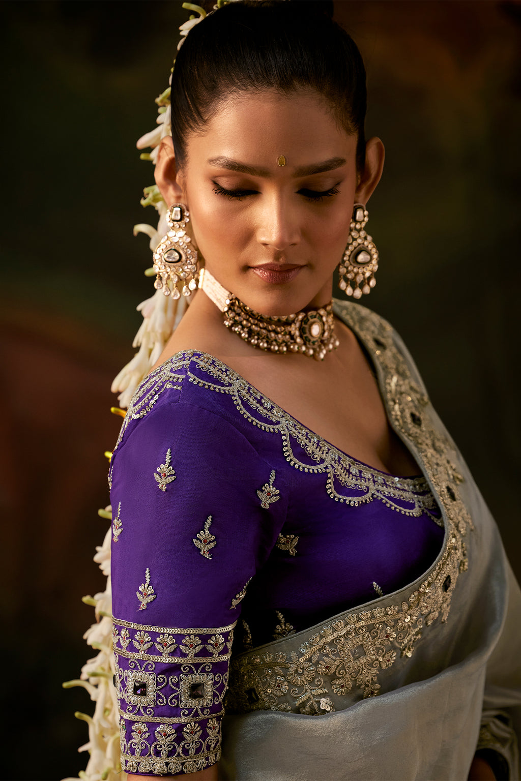 Metallic Grey Tissue Saree with Heavy Sequined Work