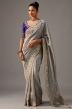 Metallic Grey Tissue Saree with Heavy Sequined Work