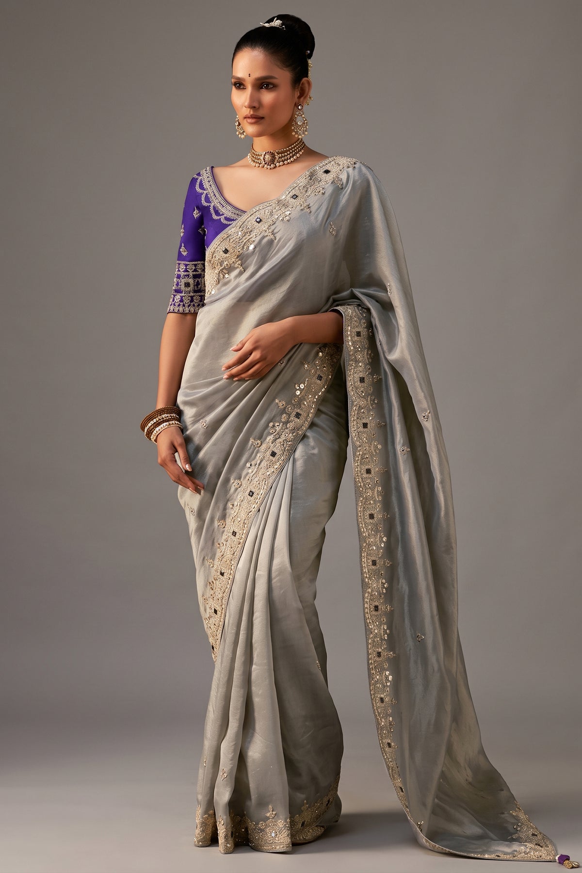 Metallic Grey Tissue Saree with Heavy Sequined Work