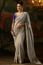 Metallic Grey Tissue Saree with Heavy Sequined Work