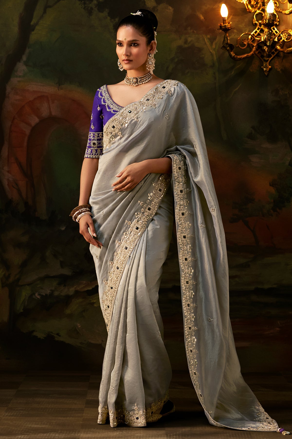 Metallic Grey Tissue Saree with Heavy Sequined Work