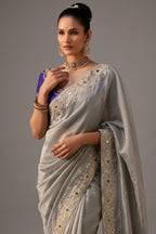 Metallic Grey Tissue Saree with Heavy Sequined Work