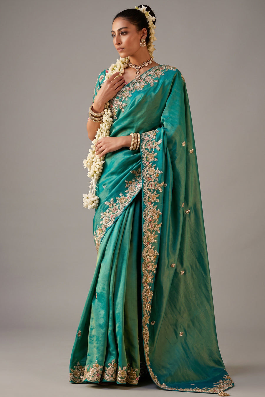 Deep Teal Blue Green Tissue Saree with Heavy Sequin & Zari Work