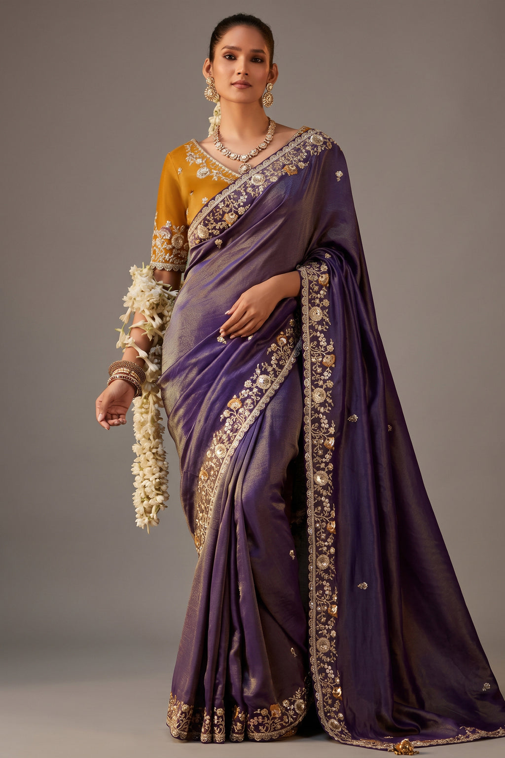 Deep Purple Tissue Silk Saree with Heavy Zari Sequin Border