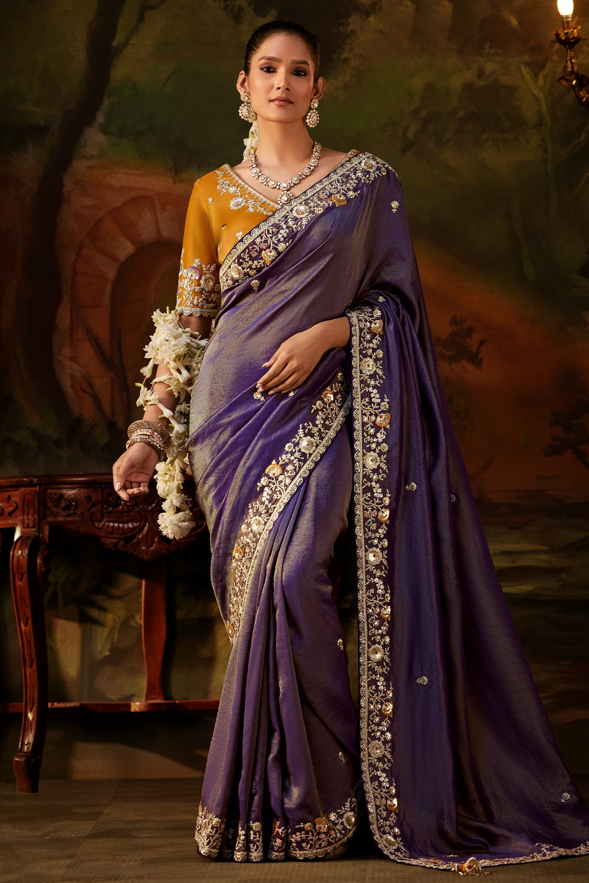 Deep Purple Tissue Silk Saree with Heavy Zari Sequin Border
