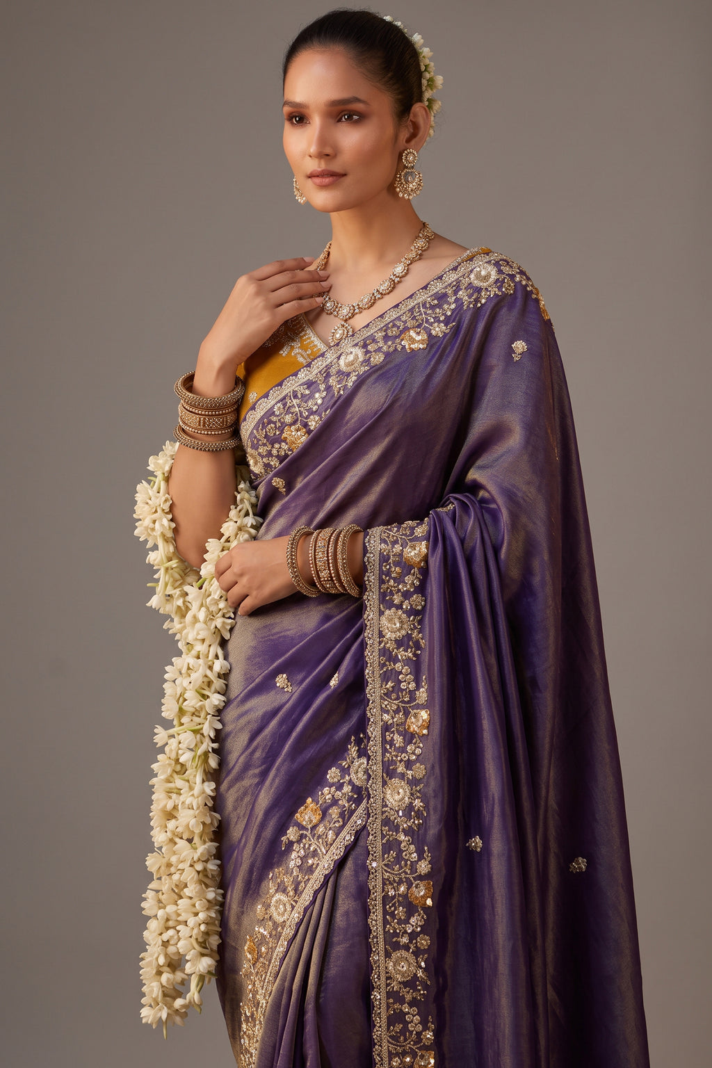 Deep Purple Tissue Silk Saree with Heavy Zari Sequin Border