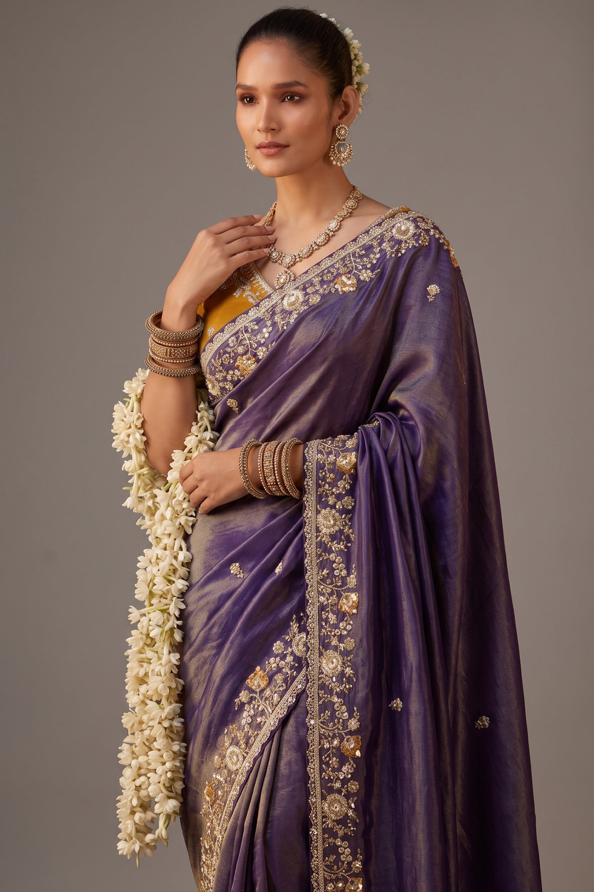 Deep Purple Tissue Silk Saree with Heavy Zari Sequin Border